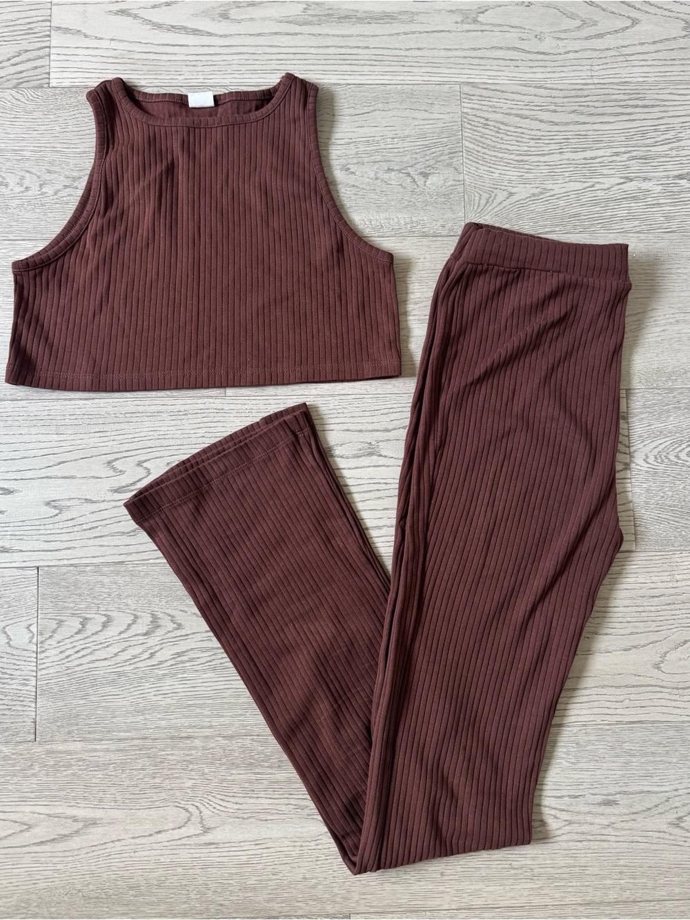 Wildflo Studio- Ribbed Wide-Leg Pants & Crop Tank Set - Chocolate Brown